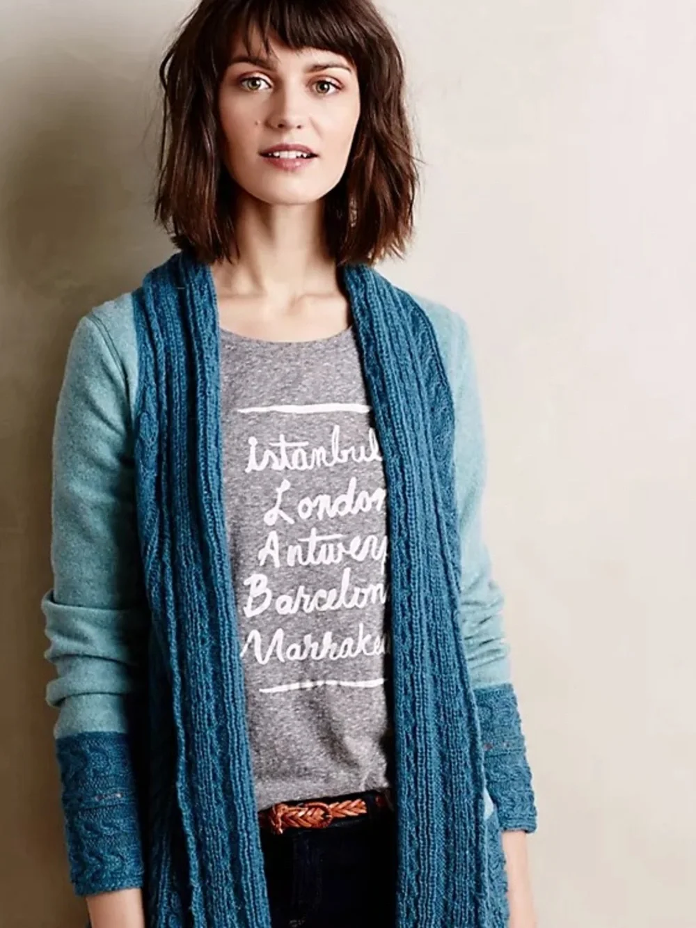 Anthropologie Regan Mix Stitch Knitted Knotted Cardigan Teal + Sea Green Small